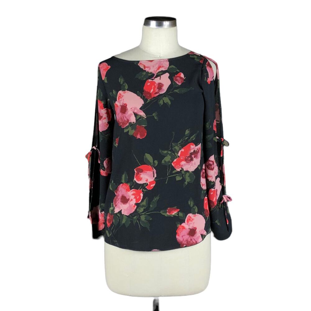 WILFRED Black Pink Floral Blouse Size XS Pozzi Cutout Sleeves Boho Chic